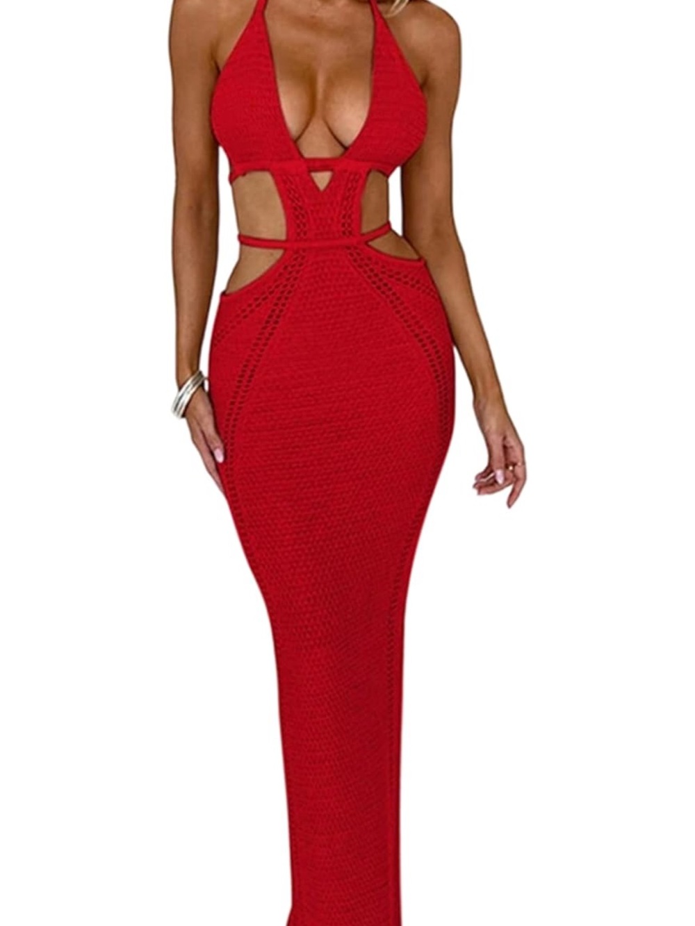 Sleek Red Backless Cutout Halter Maxi Dress